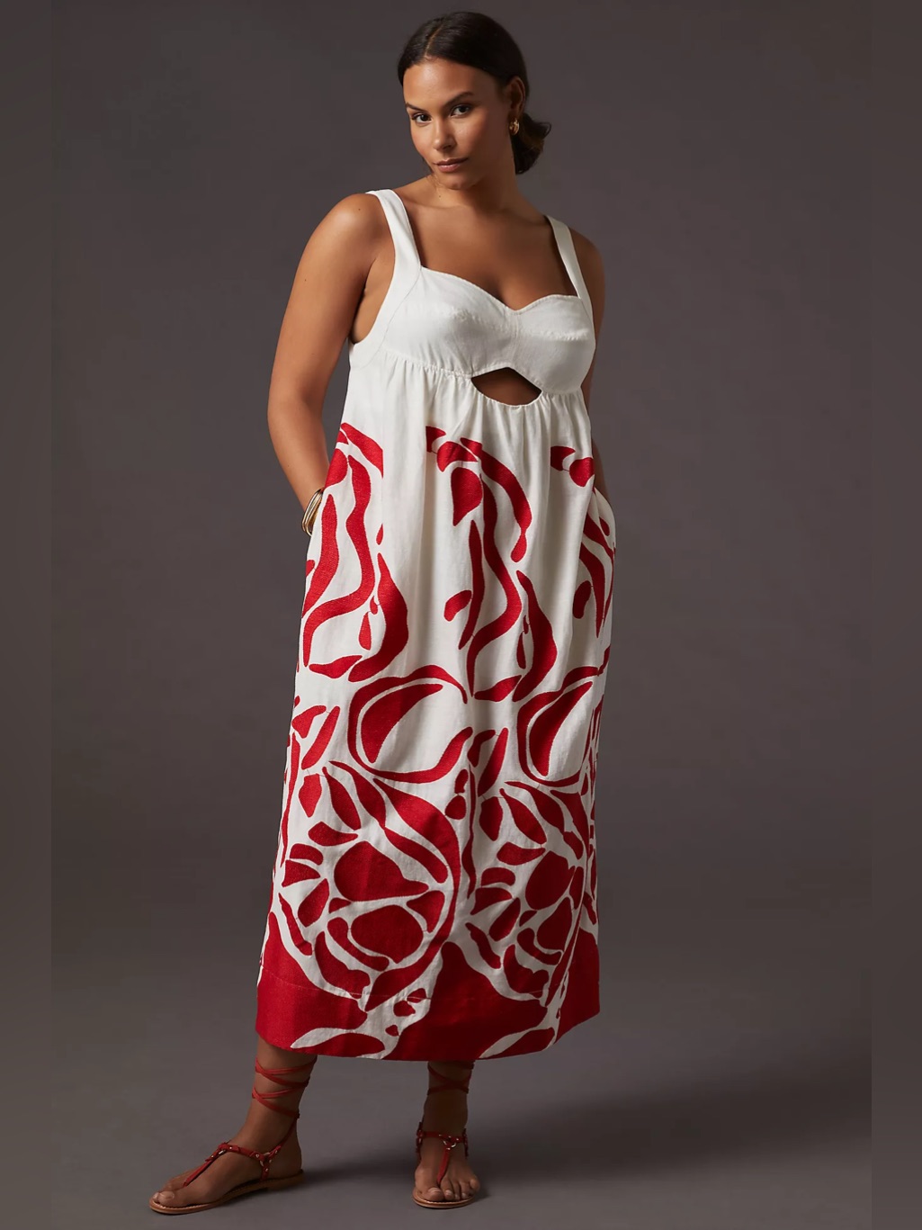 Anthropologie Linen Blend Cutout Criss Cross Back Maxi Dress White / Red Sz Xl